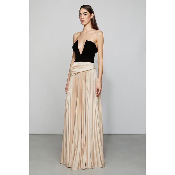 ET OCHS Black Half n Half Velvet Deep V-Neck Charmeuse Pleated Skirt Gown - Picture 5 of 16